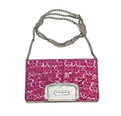 Coach Portafoglio a tracolla rosa lampone catena argento NUOVO