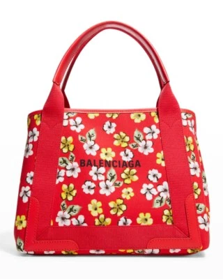 ¡Estilo agotado! Bolso de Mano BALENCIAGA Azul Marino Cabas Pequeño Algodón Estampado Floral Rojo Foto 1 de 4