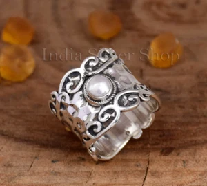 Fresh Water Pearl Wide Band Ring Handmade Silver Jewelry Filigree Band For Her - Picture 1 of 5