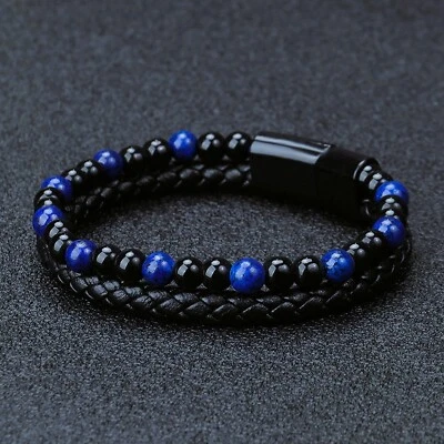 Pulsera de cuero trenzada para hombre Pulsera magnética de piedra de obsidiana lapislázuli Foto 1 de 3