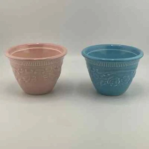 Taylor Smith Taylor Oven Serve Ramekins Custard Cup Blue Pink Floral Embossed - Picture 1 of 5