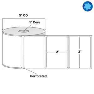 3" x 2" Direct Thermal Labels Perforated White Core 1", 725 Labels/Roll, 1 Roll - Picture 1 of 2