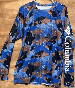 Columbia Men's Large PFG T-Shirt Long Sleeve Gamefish Camouflage Blue Fishing - Picture 1 of 9