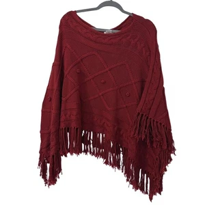Novica Cotton Knit Poncho Rust Red Fringe Detail Boho Style Cover Up Layering - Picture 1 of 4