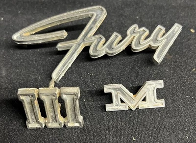 Plymouth Fury Emblems 1964 1965 1966 “M” “III”Fender Trunk 2578630 3 Pcs Vintage - Image 1 of 4