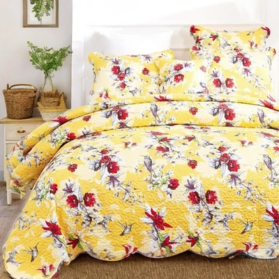 DaDa Bedding Radiant Sunshine Yellow Floral Bedspread Set - Hummingbirds Farm... - Image 1 of 4
