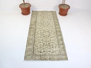 Vintage Turkish Runner Rug 2.9 x 6.5 ft – Handwoven Beige Brown Oushak Carpet - Picture 1 of 10