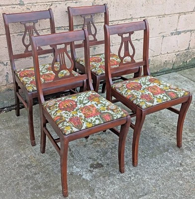 Set 4 Antique Old SOLID Mahogany Wood Wooden Lyre Back Fabric Dining Chairs Seat - Image 1 of 4