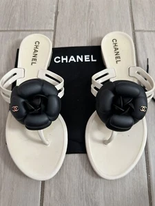 CHANEL CAMELLIA FLOWER SANDALS IVORY BLACK CC SIZE 37 RARE - Picture 1 of 4