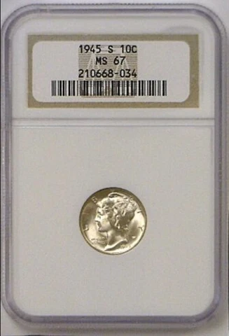 1945-S S10C MERCURY-DIME BLAST WHITE NGC MS67 RARITY R3 LOW POP HIGHEST GRADES Cover