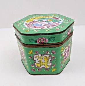 Canton Enamel Covered Box Dragon Pheasant Bird Crests Hexagon Chinese 3.75" - Picture 1 of 11