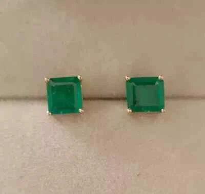 4Ct Asscher Cut Natural Emerald Solitaire Stud Earrings 14K Yellow Gold Plated - Image 1 of 4