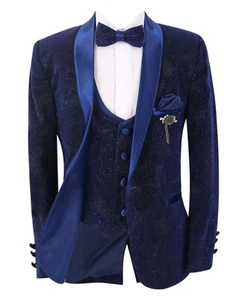 Traje de esmoquin brillante para niños calce ajustado página azul marino niño ocasión especial conjunto de 5 piezas - Imagen 1 de 11