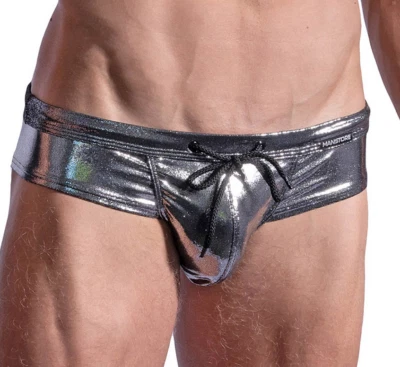 MANSTORE M2196 Beach Cheeky Brief Gr M schwarz silber Badeslip Glanz Effekt - Bild 1 von 3