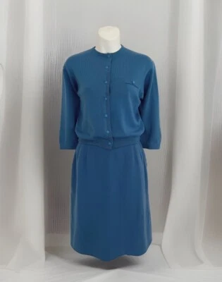 Vintage JANTZEN Sweater &Wool Bl. Skirt Set Sz M/L Blue Button Up Cardigan 1960s - Image 1 of 4