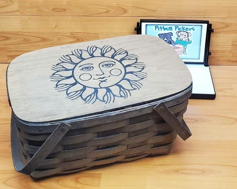 Vintage Mid Century Modern Woven Wicker Hinged Picnic Basket With Sun Design Cover