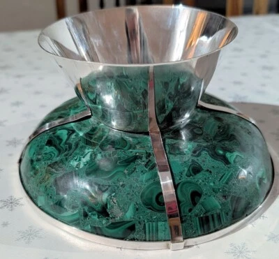 VINTAGE C 60'S BEAUTIFUL GREEN MALACHITE AND SOLID 925 SILVER LARGE FOOTED BOWL - Image 1 of 4