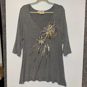 Anthony Originals Women's Blouse 2X Tunic Gray Sequin Fireworks Design V Neck - Picture 1 of 8