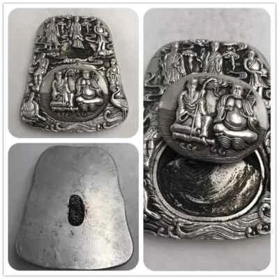 Herramientas de caligrafía antiguas chinas de cobre plateado tinta piedra tallada a mano (八仙过海) Foto 1 de 4