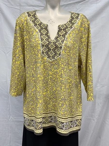 Karen Scott Womens Yellow Paisley V-Neck Tunic Blouse Plus Size 2X Summer Boho - Picture 1 of 8