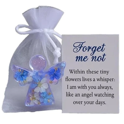 Forget Me Not Dried Flower Angel Keepsake, Mini Resin Figurine with Sympathy Car