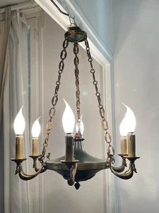 Lustre De style Empire À 6 Bras De Lumière En Laiton Doré Et Métal Patiné - Picture 1 of 24