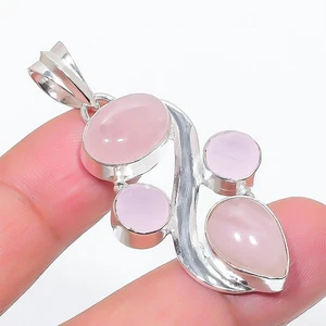 Rose Quartz Gemstone Handmade 925 Sterling Silver Jewelry Pendant Size 2" - Picture 1 of 1