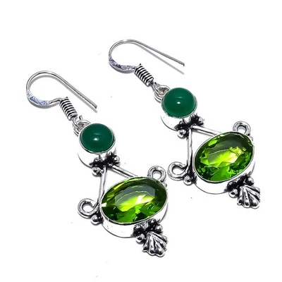 Peridot, Green Onyx Gemstone 925 Sterling Silver Earring 2.0" b874 - Image 1 of 4