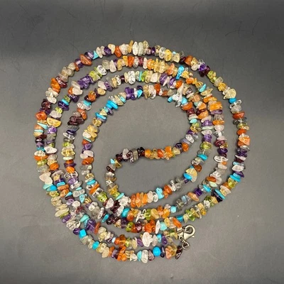 Collar Largo Plata 925 Multi Piedras Preciosas INDIA Amatista Turquesa Citrino 48" L Foto 1 de 4