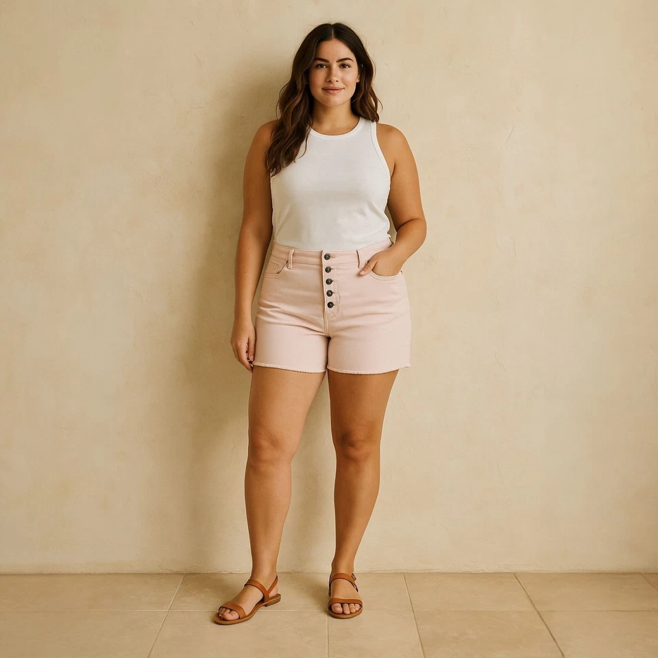 18 Womens High Rise Vintage Pink Denim Midi Short 5 inch Inseam Torrid Button