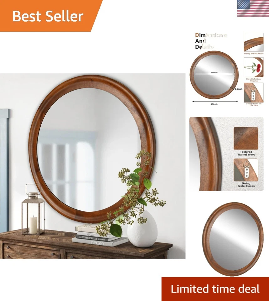 Espejo redondo de 30 pulgadas de nogal rústico de alta calidad - pieza de decoración del hogar atemporal Foto 1 de 4