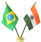 Brazil & India Double Friendship Table Flag Set With Base