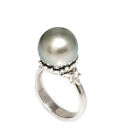Diamond Tahitian Pearl Ring 18kt Gold Gray Blue 12 mm
