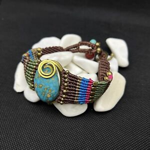 Vintage Macrame Braided Bracelet Hand Made Inlaid Brass Stones For Men Colorful
