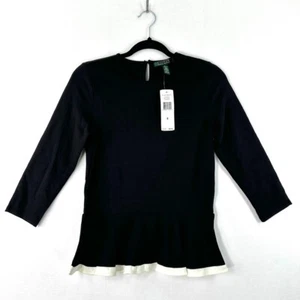 Lauren Ralph Lauren Women's 3/4 Sleeve Keyhole Peplum Top Black Size S NWT - Picture 1 of 12
