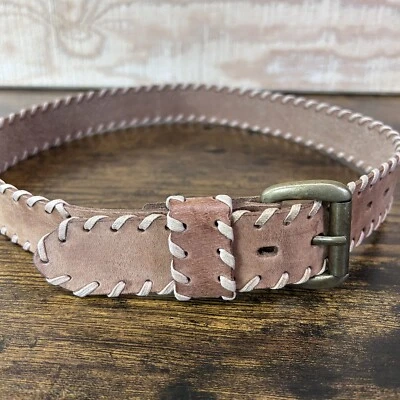 Genuine Leather Brown Belt Brass Buckle Lace Stitched Edges Made In India - Image 1 of 4