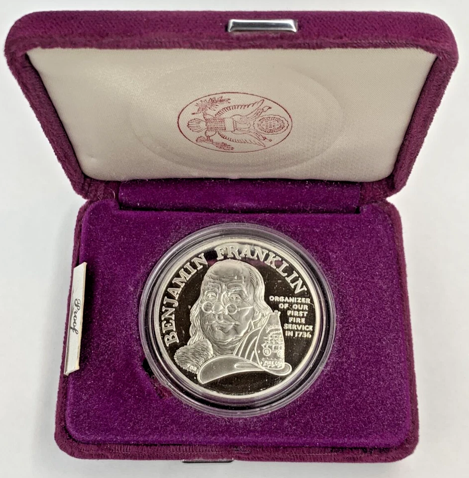 Benjamin Franklin P Silver Medal Fire Service Bill Of Rights Clamshell Box 1993 - Image 1 of 4