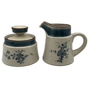 Noritake Pleasure Cream And Sugar Set Blue Flower Stoneware Japan 8344 EUC - Picture 1 of 9