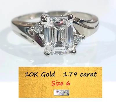 Diamante certificado 1,79 quilates, anillo de oro macizo de 10k talla 6, forma de esmeralda Foto 1 de 4