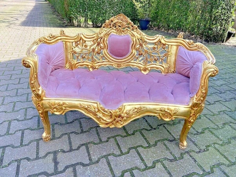 French Louis XVI Style Settee in Pink Velvet and Gold Frame Cover