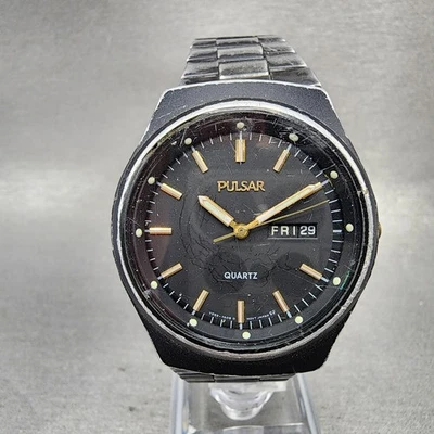 Seiko Pulsar Watch Men 37mm Black Dial Black Tone Daydate V533-7A10 New Battery - Image 1 of 4