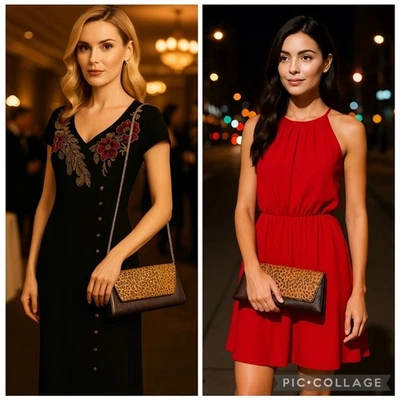 Винтажный коричневый кожи и леопард икры волос вечер наплечная сумка-клатч - Изображение 1 из 4