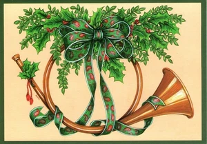 Merry Christmas Style Brass Gold French Horn Holly Greeting Cards - Set of 4 - Picture 1 of 3