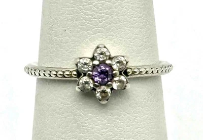 Подлинное кольцо Pandora ALE из стерлингового серебра 925 пробы с аметистом Forget Me Not размер 6 - Изображение 1 из 2