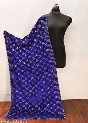 Blue Embroidery Velvet Dupatta For Bride And Women Velvet Shawl Odhani Veil - Image 1 of 4