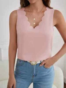 Women'S Casual Summer Sleeveless Top - Solid Beige V-Neck, Ribbed Detail, Casual - Picture 1 of 4