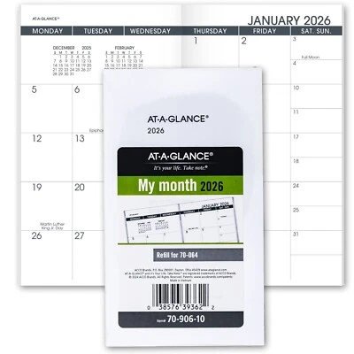 2026 At-A-Glance 70-906-10 Refill For 70-064 Monthly Planner, 3-1/2 x 6-1/8"