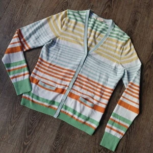 Brooks Brothers Cardigan Sweater Womens Small Multi Color Striped Henley Fun LS - Picture 1 of 13