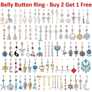14G Surgical Steel Belly Button Rings for Women Curved Navel Ring Dangle Barbell - Picture 1 of 56