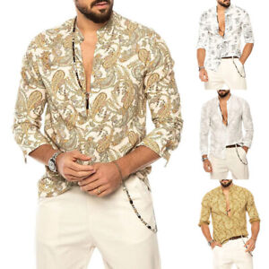 CRYYU Men Button Casual Gold Paisley Print Long Sleeve Luxury Shirts 